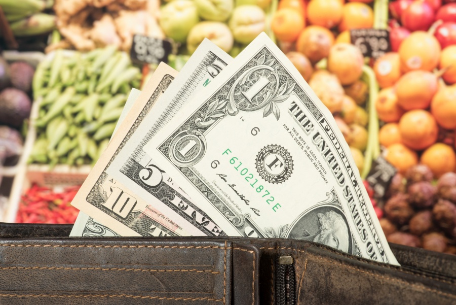 healthy food background with money in the foreground