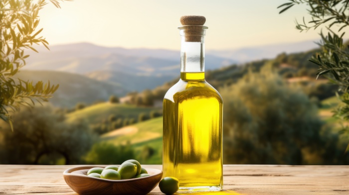 bottle of olive oil with mountain background