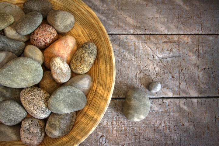 bowl of stones on a table